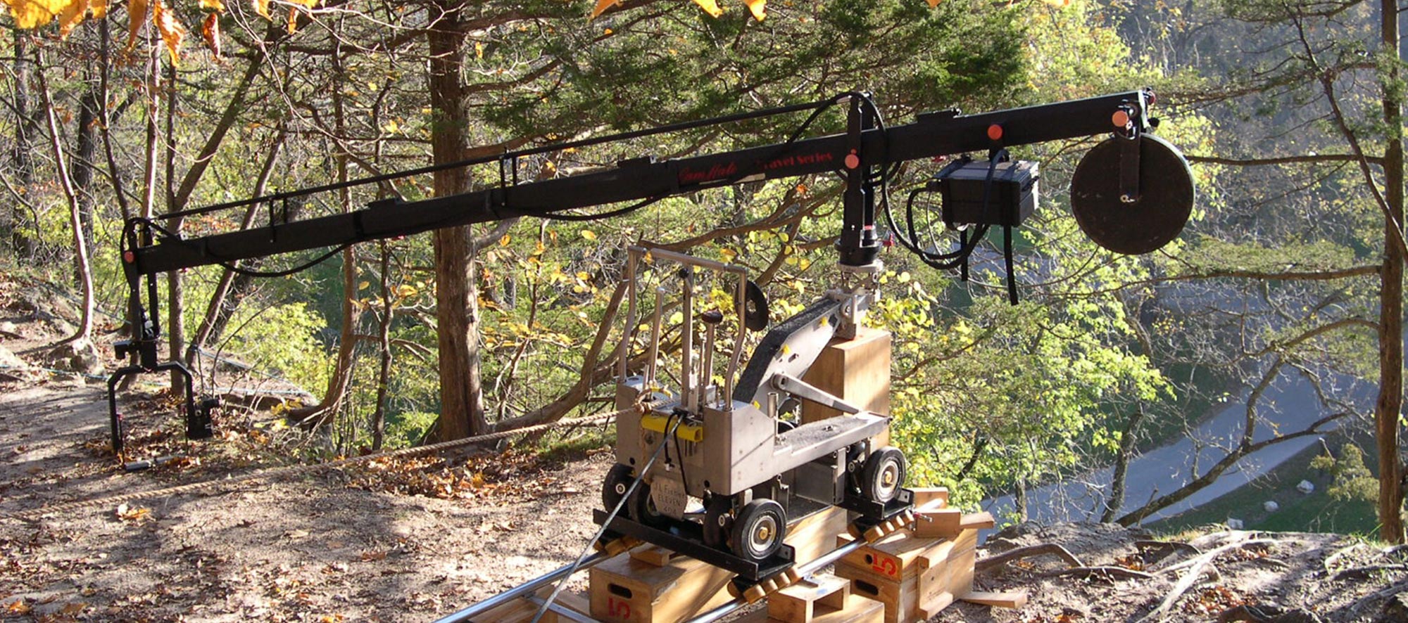 Rails and camera dolly on location in park